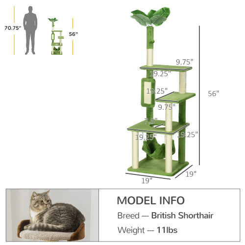 PawHut 56 Cat Tree For Indoor Cats With Hammock, Cat Tower With Scratching Post, Platforms, Play Ball And Anti-tipping Device, For Indoor Cats, Green