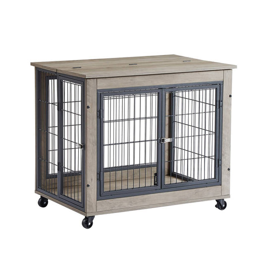 Dog Cage Crate With Double Doors On Casters Grey