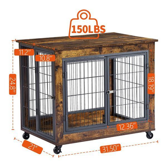 Furniture Style Dog Cage Edge Table With Wheels, Double Doors, Adjustable Height