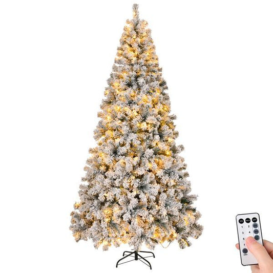 8 FT Pre-lit Snow Flocked Christmas Tree, Artificial Hinged Xmas Pine Tree With 1300 Branch Tips, 500 Lights And Remote Control For Holiday Party Office Home, Snowy Green