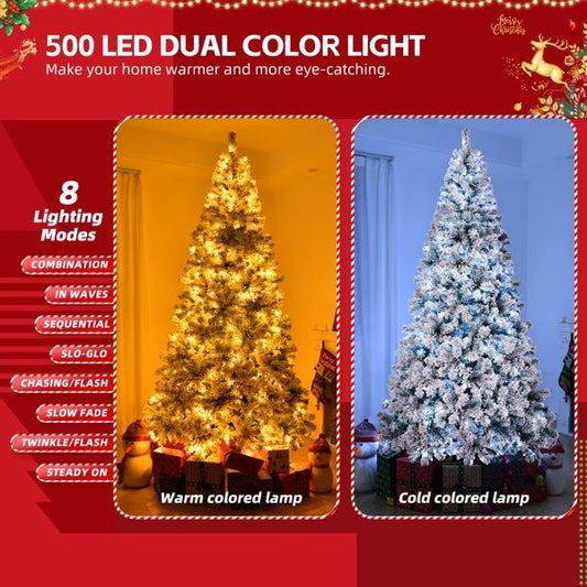 8 FT Pre-lit Snow Flocked Christmas Tree, Artificial Hinged Xmas Pine Tree With 1300 Branch Tips, 500 Lights And Remote Control For Holiday Party Office Home, Snowy Green