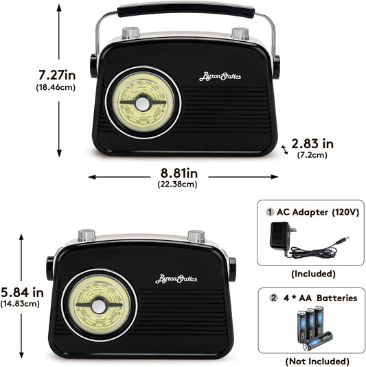 Black AM FM Radio - Small Portable Radios Vintage/Retro with Headphone Jack, Large Analog Rotary Tuning Dial