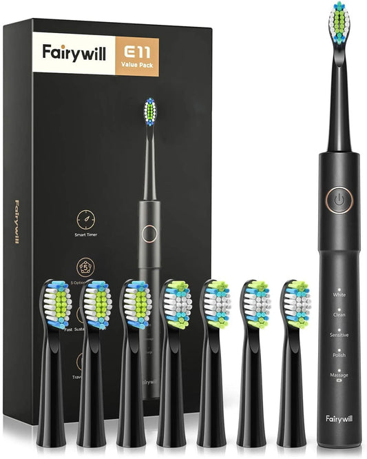 Fairywill Sonic Electric Toothbrush E11 Waterproof USB Charge Rechargeable Electric Toothbrush 8 Brush Replacement Heads Adult