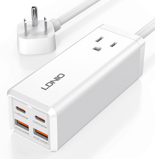 USB C Charger, MANTO 65W 5-in-1 GaN USB Charging Station, Super Fast Charger with 2 USB C Ports, 2 USB Ports and 1 Outlet