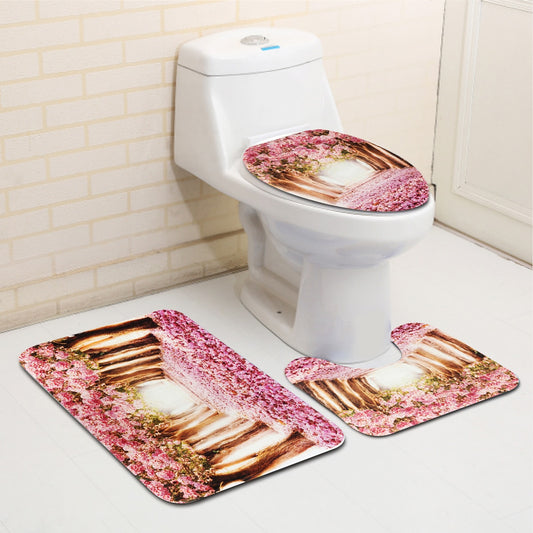 Arrivals Europe Pink Sakura Tree Pattern Bathroom Four-piece Suit,Shower Curtain Bathroom Pedestal Rug Lid Toilet Cover Bath Mat Set