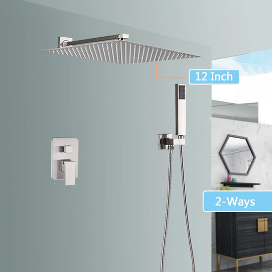 Wall Mounted Rainfall Shower Faucet Bathroom Stainless Steel Brushed Nickel Concealed Faucets 16'' Head Hot Cold Water Mixer Tap
