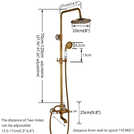 rozin Antique Brass Shower Faucet Set Bathroom Shower Column with Shelf Rainfall Hot Cold Water Mixer Tap Handhold Shower Faucet