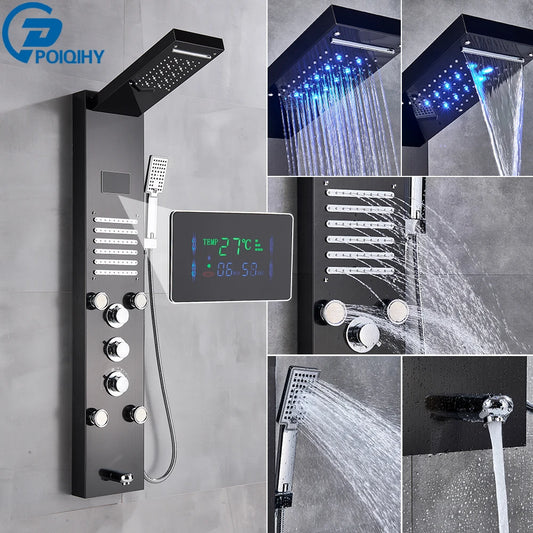 Black Bathroom Shower Panel Column Golden Rain Waterfall Shower Faucet Bidet Sprayer Tap SPA Massage Jet LED Bath Shower Set