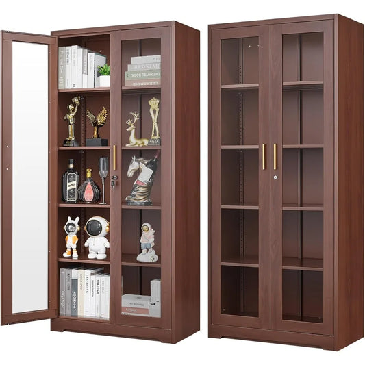 Glass Display Cabinet, Display Case with Glass Doors and Shelves,Metal Curio Cabinets with Locking, 71" Tall Bookcase with Doors