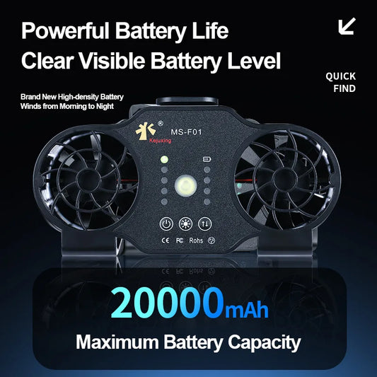 20000mAh Battery Outdoor Works Hanging Waist Fan USB Charging Air Cooling Ventilation Fan with LED Light for Hiking Traveling