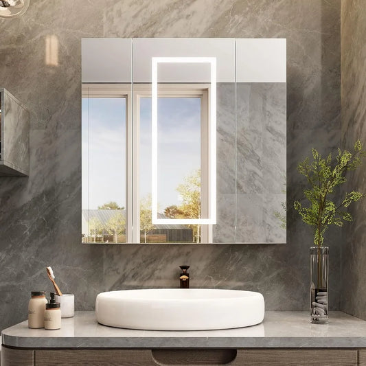 Bathroom Medicine Cabinet with Lights, LED Medicine Cabinet with Mirror, 3 Door Lighted Mirror Cabinet with Defogger, Dimmer