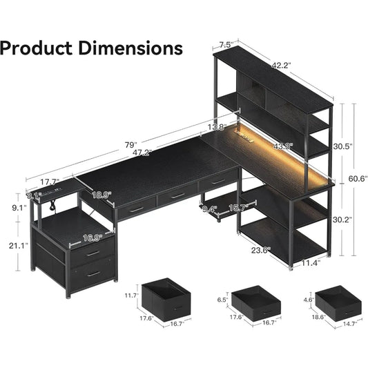 79 inch L Shaped Desk with File Drawers, Reversible L Shaped Gaming Desk with Power Outlets & LED Lights, Computer Desk with St