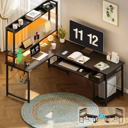 59" Reversible L-Shaped Gaming Desk with Power Outlets & LED Lights, Storage Drawer & Keyboard Tray, Computer Desk with Hutch