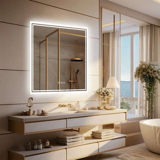 LUVODI Square LED Lighted Bathroom Mirror Wall Mounted Toilet Washroom Sink Dimming Defog Mirror for Shower Shaving Makeup