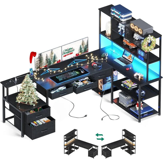 79 inch L Shaped Desk with File Drawers, Reversible L Shaped Gaming Desk with Power Outlets & LED Lights, Computer Desk with St