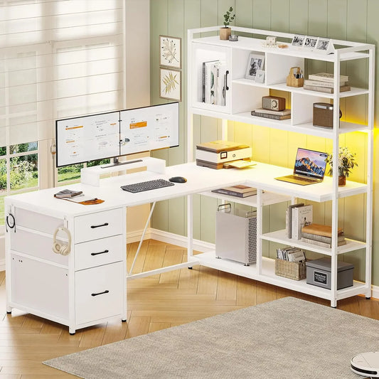L Shaped Computer Desk, 58'' Office Desk with 3 Drawers and Bookshelf, L Shaped Corner Desk with Storage Shelves and LED Light