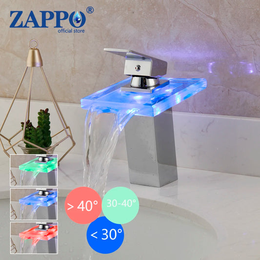 ZAPPO  LED Basin Faucet Tall And Short Tap Mixer Glass Bathroom Single Handle Cold and Hot Water Flow Produces Electricity