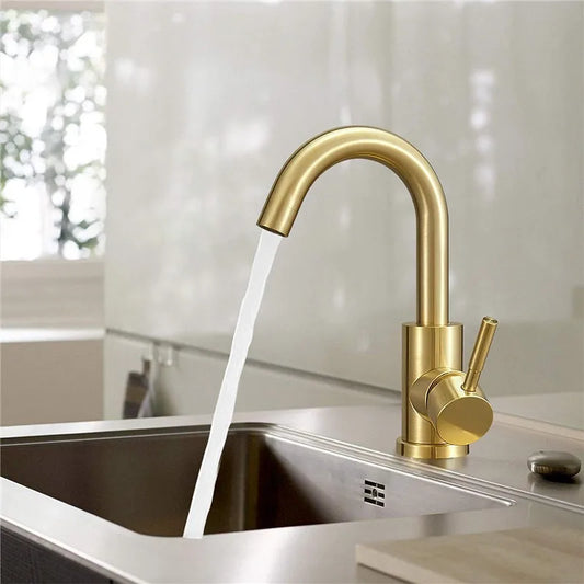 Tuqiu Brushed Gold Basin Faucets Bathroom Faucet Hot & Cold SUS304 Bathroom Sink Faucet Deck Mounted Lavotory Faucet