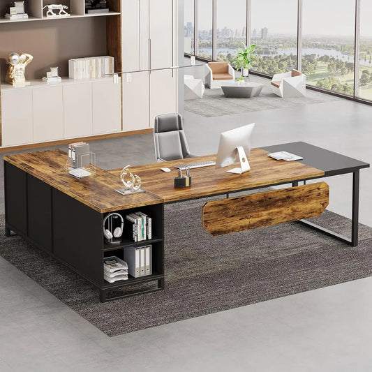 Executive Desk with 55-Inch File Cabinet, Large L Shaped Computer Desk with Storage Cabinet and Shelves,