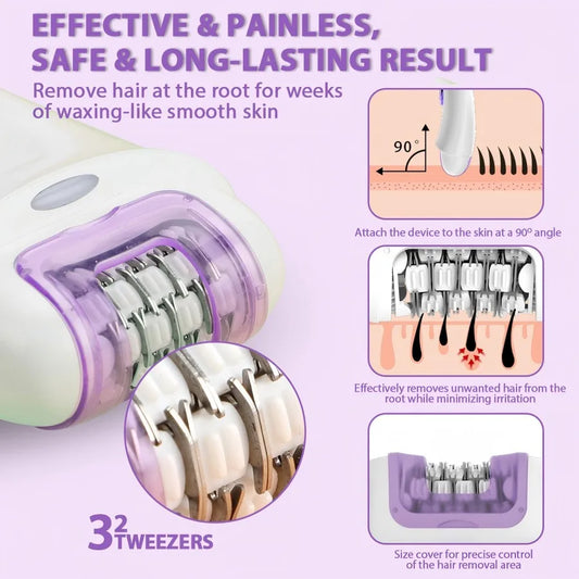 Rechargeable 2 in 1 Epilator & Electric Shaver for Facial Whole Body Hair Removal 32 Tweezers Smooth Skin 2 Speeds Hair Removal