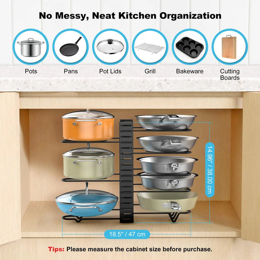 Pot Rack Organizer Under Cabinet,8 Tier Adjustable Pot Organizers Inside Cabinet,Pan Storage Organizer Rack for Storing Pots Pan