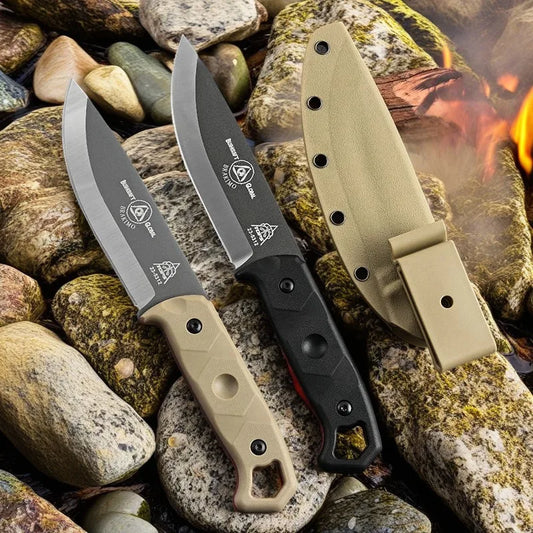 Tops High Quality Steel Hunting Knife, Outdoor Survival Knife, Rubber Anti Slip Handle, Equipped with Leather Case