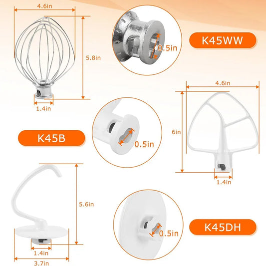 Stand Mixer Attachment Set of 3 - Replacement Attachment K45WW Wire Whip / K45DH Dough Hook / K45B Mixing Paddle with Coated Fla