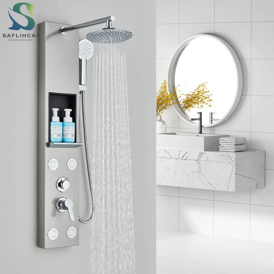 Brushed Nickel Shower Panel Column Rain&Waterfall Shower Head  Massage Jets Hot and Cold Mixer Tap Bathroom Shower Faucet