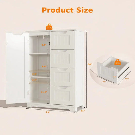 Lofka 34" White Kitchen Pantry Cabinet with 4 Drawers & Adjustable Shelves, Freestanding Storage for Kitchen, Bathroom