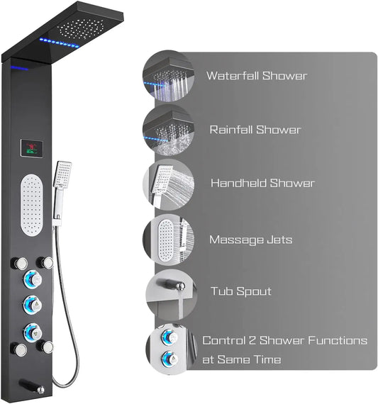 ZAPPO Shower Panel Tower System with LED Rainfall Waterfall Head Body Jets Digital Display Handheld Shower Column w/Tub Spout