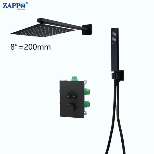 ZAPPO Matte Black Concealed Shower Sets Thermostatic Bathroom Shower Faucet 3 Ways Shower System Rainfall Head Wall Mounted