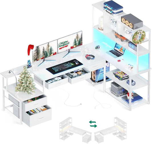 79 inch L Shaped Desk with File Drawers, Reversible L Shaped Gaming Desk with Power Outlets & LED Lights, Computer Desk wit
