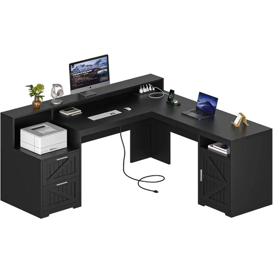 63"  L Shaped Desk with Drawers & Storage Shelf, Corner Computer Desk with Power Outlets for Home Office, Executive Desk