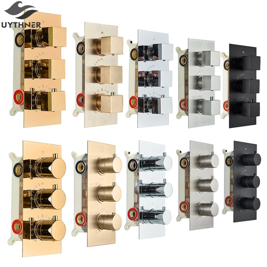 Matte Black 3 Ways Thermostatic Valve Mixer Bathroom Shower Faucet Accessory Water Temperature Concealed Control Diverter