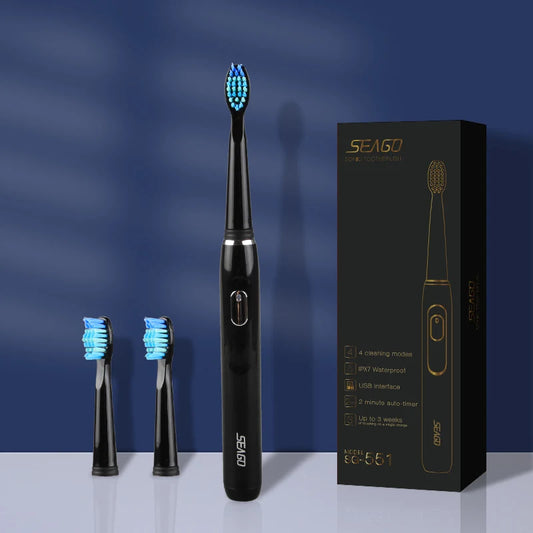 SEAGO Sonic Electric Toothbrush Rechargeable 4 Modes with 3 Replaceable Brush Heads 2 Min Smart Timer Portable for Travel Gift