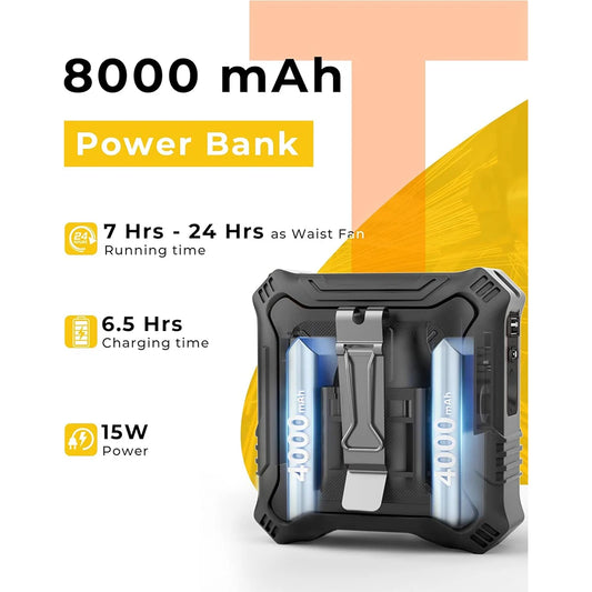Portable Waist Fan  with 5-Speed Settings Dual-Sided Clip on Wearable Belt Personal Fan for 8000mAh Flashlight as Power Bank