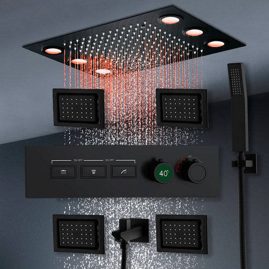 Smart Remote LED Shower Head Set 20x14inch Panel Faucet System Lateral Jet Thermostatic Mixer Valve Button Switch Hand Shower