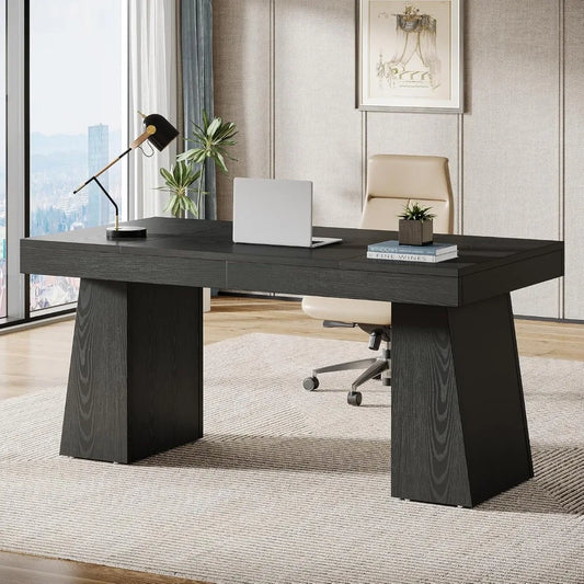 55 Inches Executive Desk, Mid-Century Modern Home Office Desk with Double Trapezoid Base, Wood Computer Desk Business Workstati