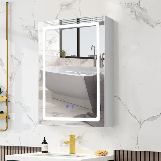 Bathroom Medicine Cabinet with LED Lights and Mirror, Wall Mounted Mirror Cabinet with Adjustable Shelf, Defogger,