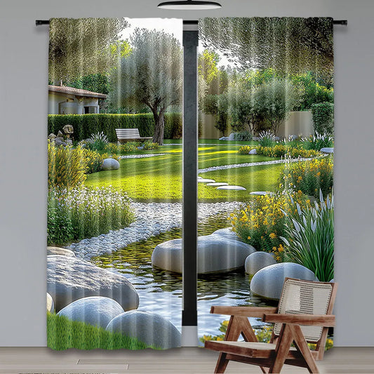 2Pcs Garden Curtains Japanese Park Style Recreational View With Pond Grass Stones And Trees Landscape For Bedroom Bathroom