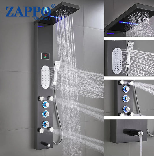 ZAPPO Shower Panel Tower System with LED Rainfall Waterfall Head Body Jets Digital Display Handheld Shower Column w/Tub Spout