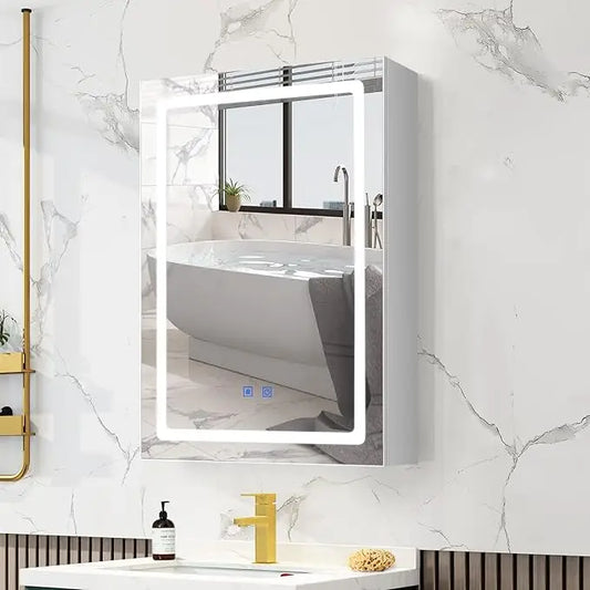 Bathroom Medicine Cabinet with LED Lights and Mirror, Wall Mounted Mirror Cabinet with Adjustable Shelf, Defogger,