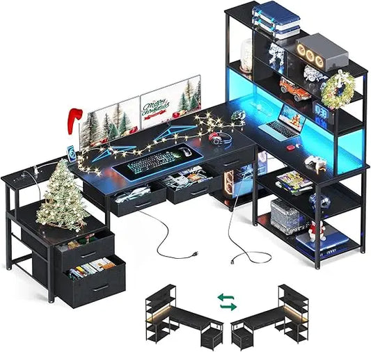 79 inch L Shaped Desk with File Drawers, Reversible L Shaped Gaming Desk with Power Outlets & LED Lights, Computer Desk with St