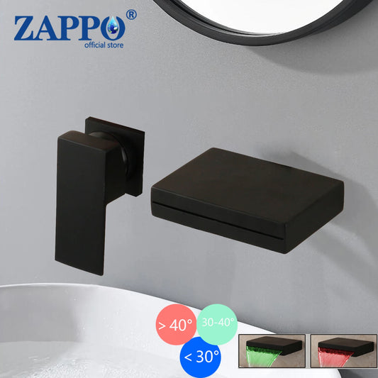 ZAPPO Wall Mount Bathroom Water Basin Sink Mixer LED Tap Bathtub Faucet Matte Black Soild Brass Bathtub Faucet Waterfall