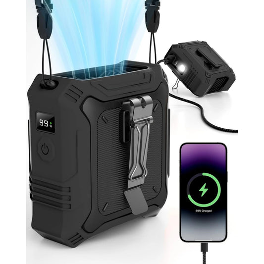Portable Waist Fan  with 5-Speed Settings Dual-Sided Clip on Wearable Belt Personal Fan for 8000mAh Flashlight as Power Bank