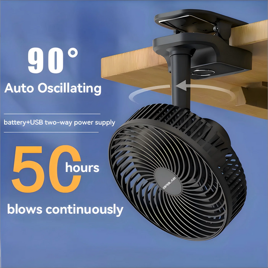 OPOLAR Rechargebale 8inch Portable Fan Auto Oscillation Clip Fan with Hook Removable Battery as a Mini Power Bank for Home Outdo