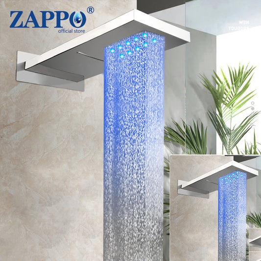 ZAPPO Shower Head Wall Mounted LED Waterfall Shower Faucet Big Rain Shower Heads 2 Functiobs ShowerSpray  Stainless Steel