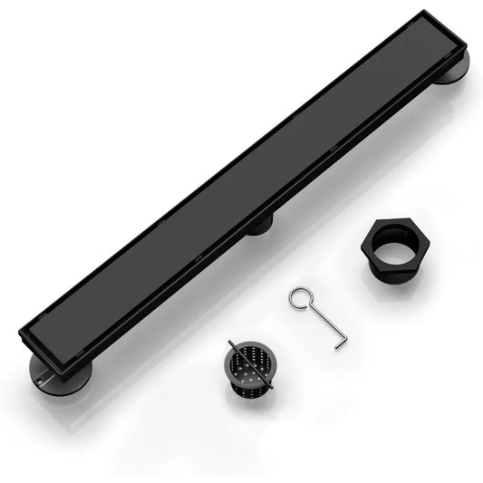 24-Inch Linear Shower Drain, with 2-in-1 Flat & Tile,Insert Cover Black Brushed 304 Stainless Steel Rectangle Shower Floor Drain