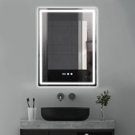50x70 cm LED Lighted Bathroom Mirror with Anti-Fog, Wall Mounted Vanity Mirror with Smart Touch Button, Time, 3 Colors Dimmable