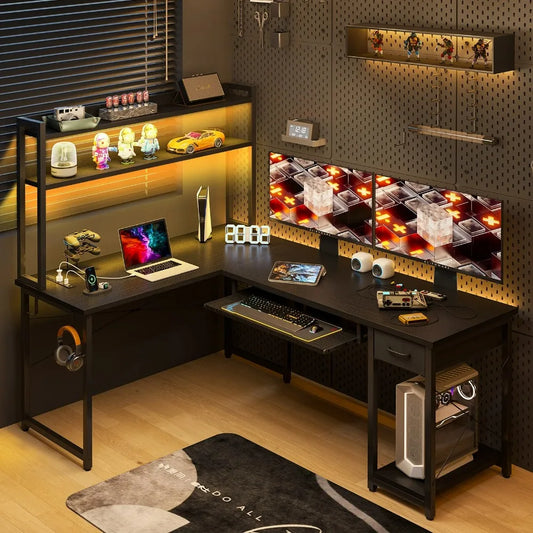 59" Reversible L-Shaped Gaming Desk with Power Outlets & LED Lights, Storage Drawer & Keyboard Tray, Computer Desk with Hutch